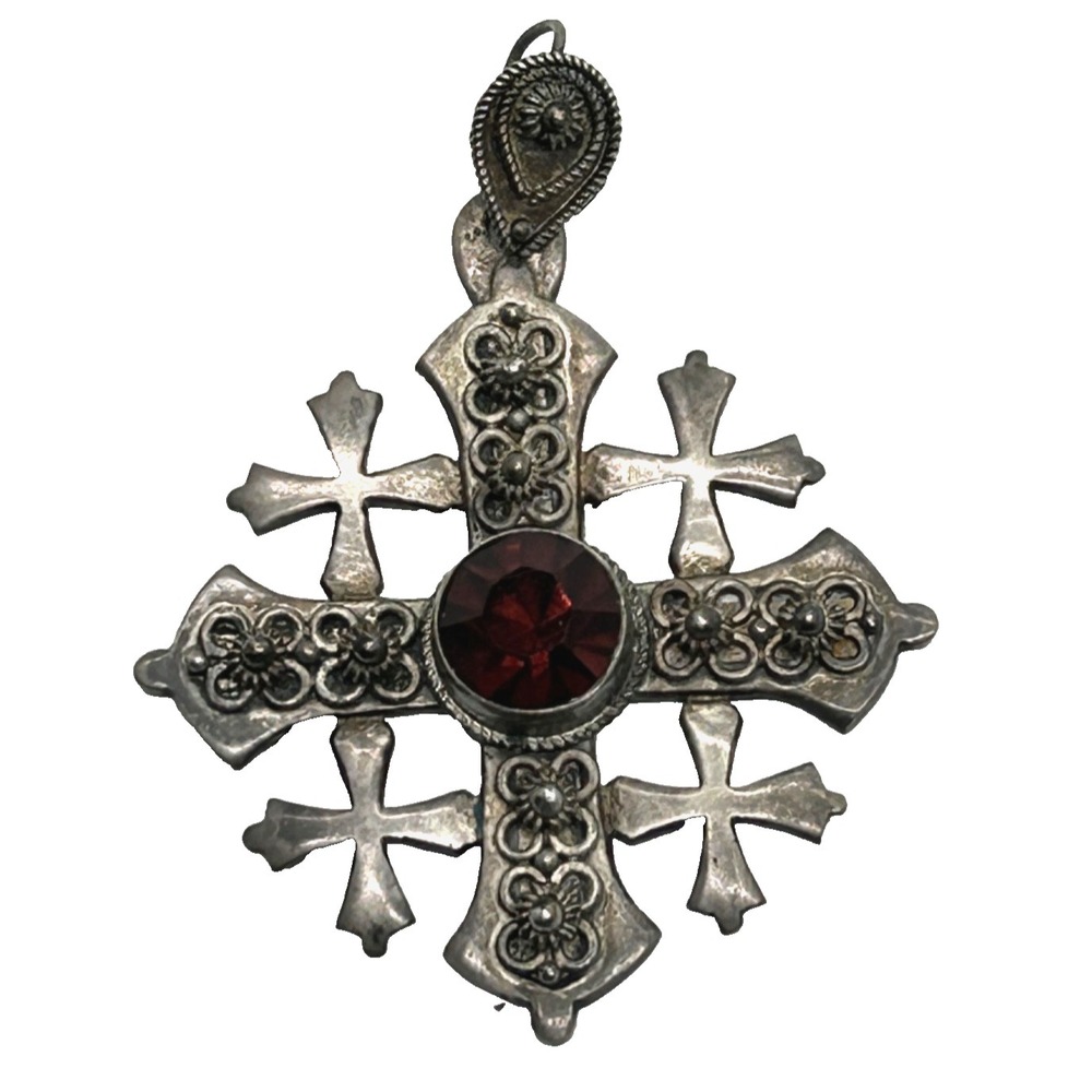 Antique Sterling Silver 900 Jordan Jerusalem Maltese Cross Pendant‎ w/Red Garnet